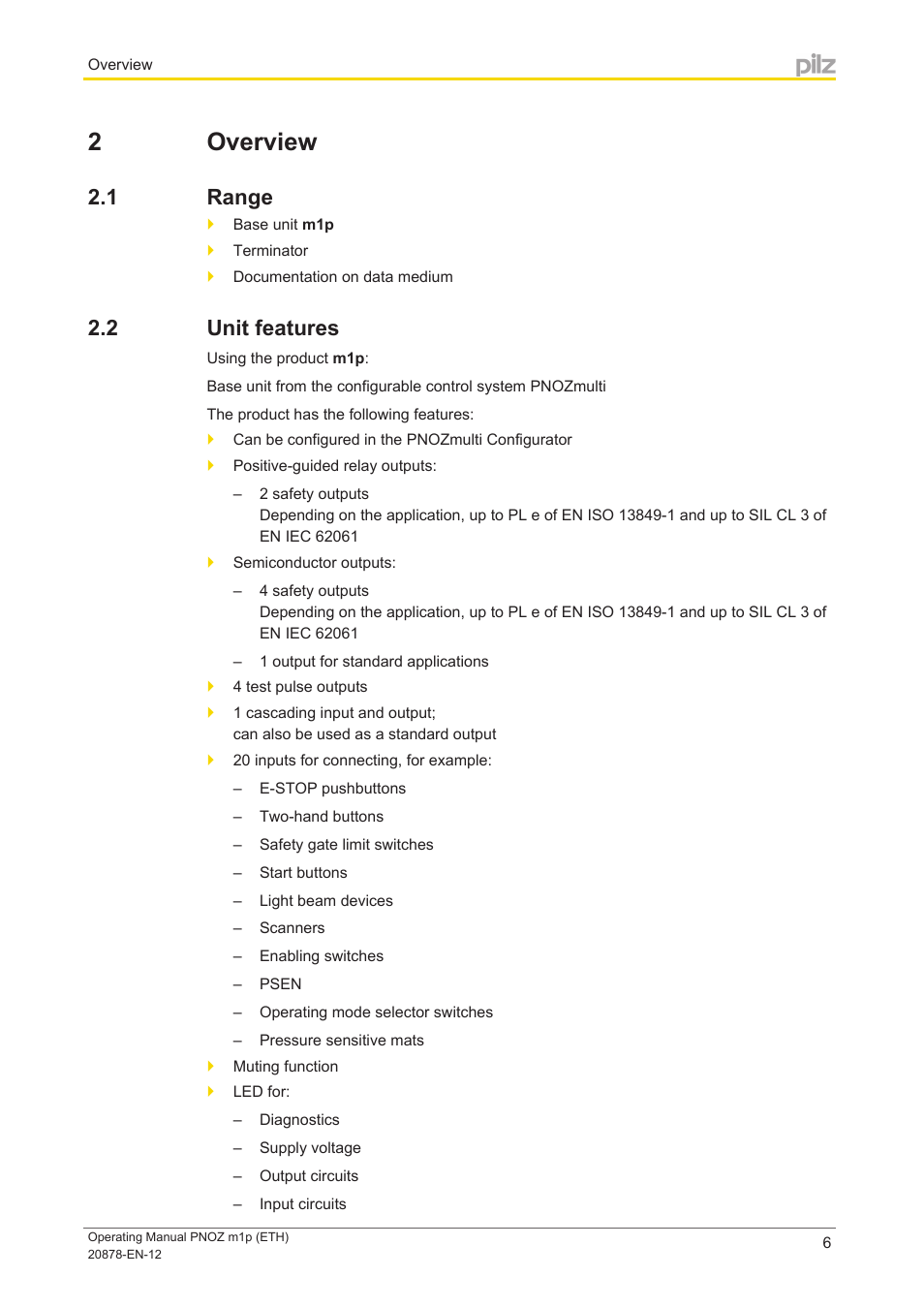 2 overview, 1 range, 2 unit features | Section 2, Overview, Range, Unit features | Pilz PNOZ m1p base unit User Manual | Page 6 / 40