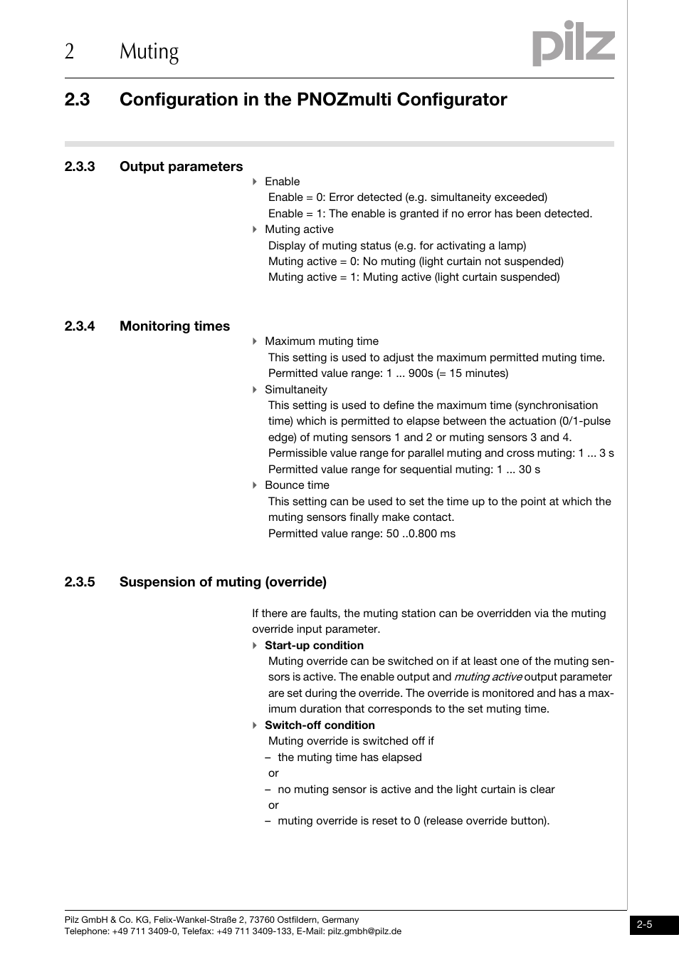 3 output parameters, 4 monitoring times, 5 suspension of muting (override) | 2muting, 3 configuration in the pnozmulti configurator | Pilz PNOZ m1p base unit User Manual | Page 13 / 72