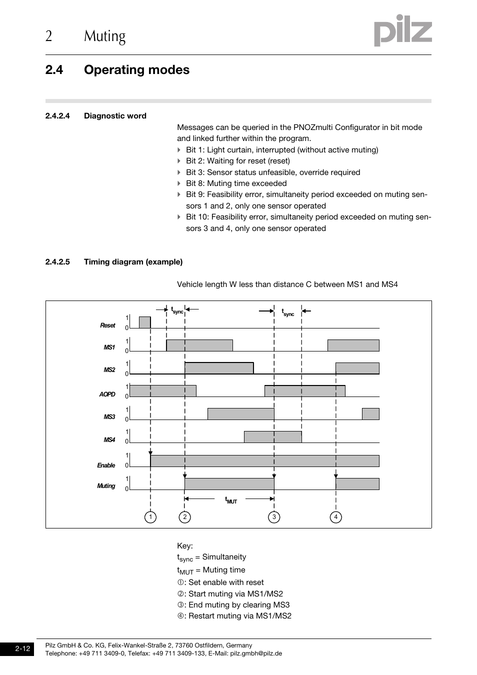 4 diagnostic word, 5 timing diagram (example), 2muting | 4 operating modes | Pilz PNOZ m1p base unit User Manual | Page 20 / 72