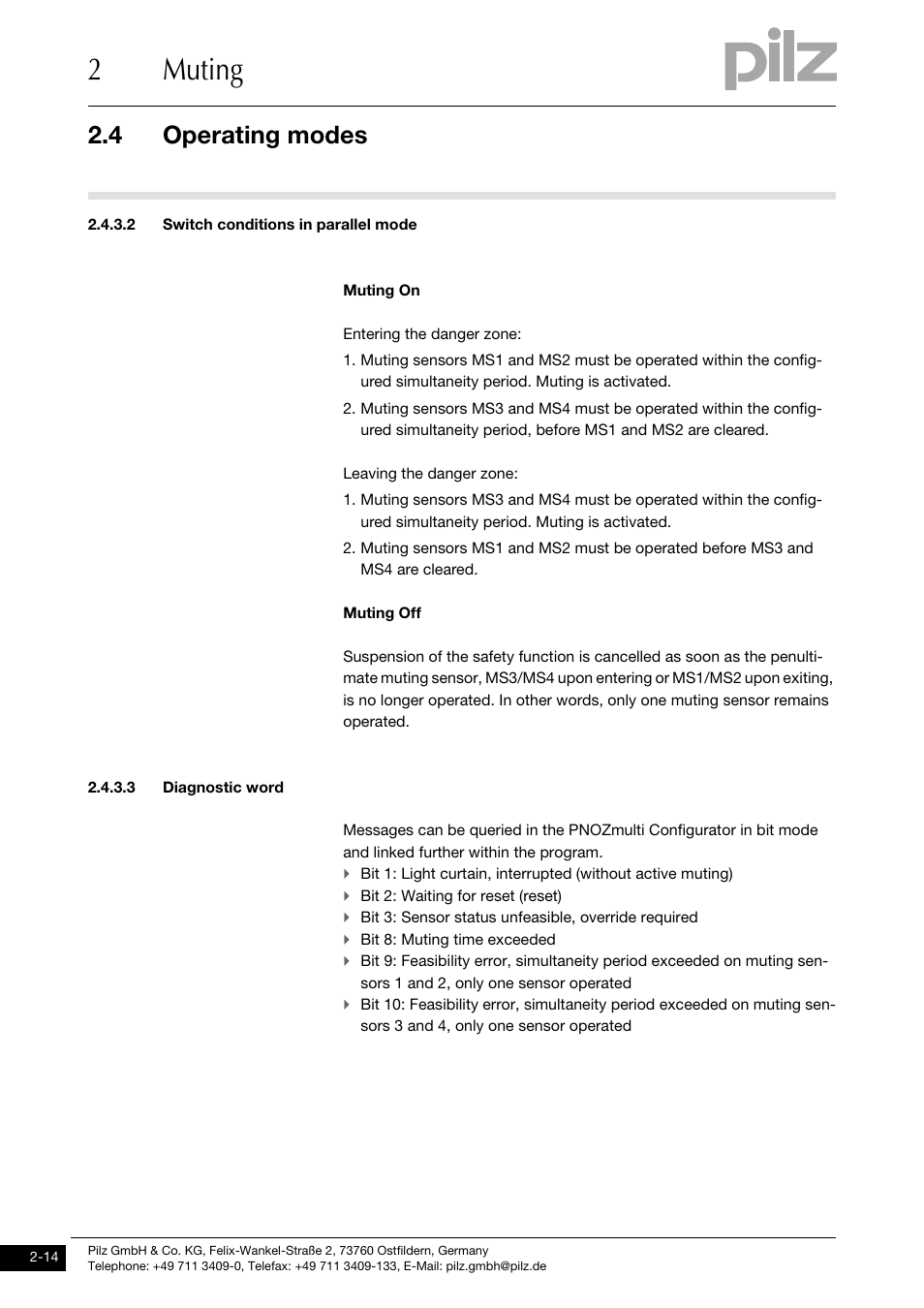 2 switch conditions in parallel mode, 3 diagnostic word, 2muting | 4 operating modes | Pilz PNOZ m1p base unit User Manual | Page 22 / 72