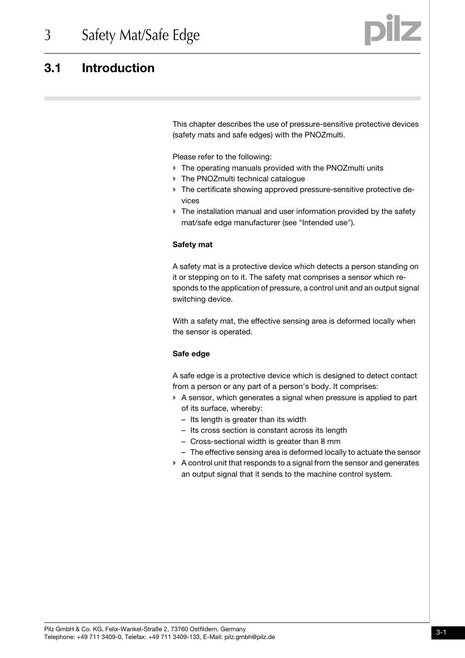 3 safety mat/safe edge, Introduction, 3safety mat/safe edge | 1 introduction | Pilz PNOZ m1p base unit User Manual | Page 28 / 72