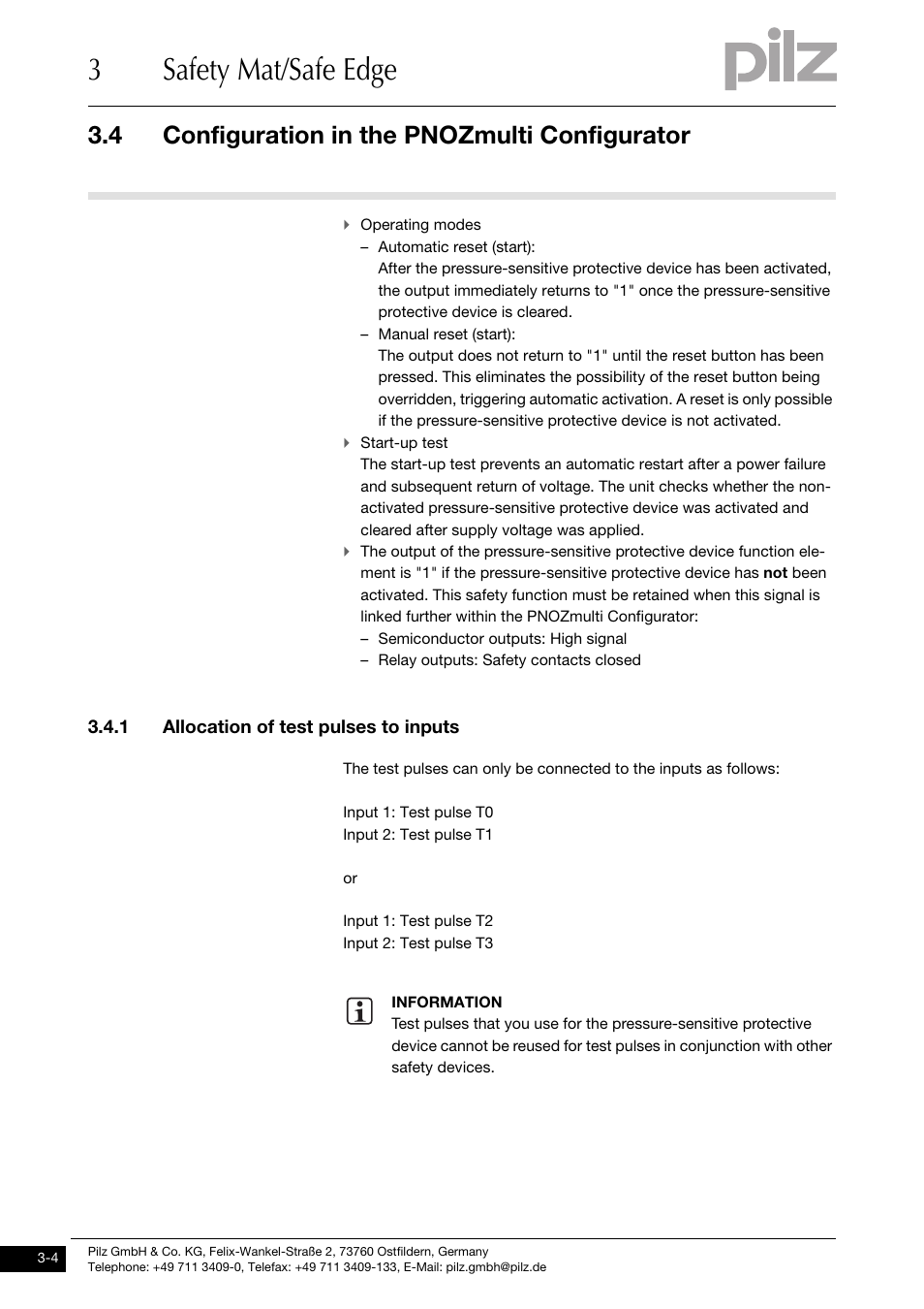 Configuration in the pnozmulti configurator, 1 allocation of test pulses to inputs, 3safety mat/safe edge | 4 configuration in the pnozmulti configurator | Pilz PNOZ m1p base unit User Manual | Page 31 / 72