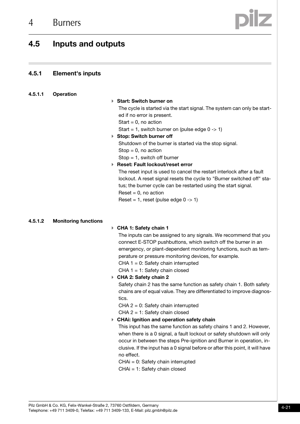 Inputs and outputs, 1 element's inputs, 1 operation | 2 monitoring functions, 4burners, 5 inputs and outputs | Pilz PNOZ m1p base unit User Manual | Page 58 / 72