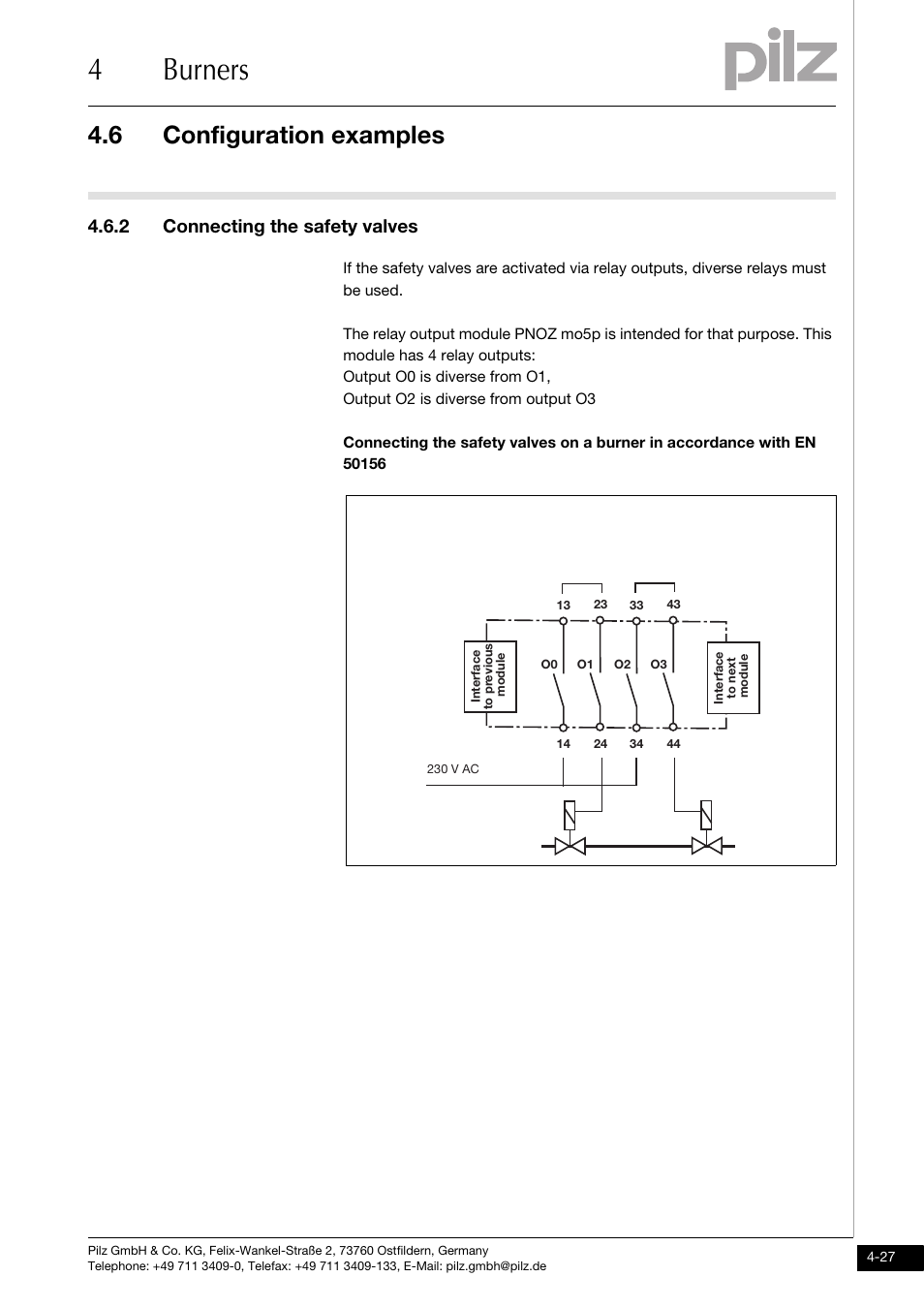 2 connecting the safety valves, 4burners, 6 configuration examples | Pilz PNOZ m1p base unit User Manual | Page 64 / 72