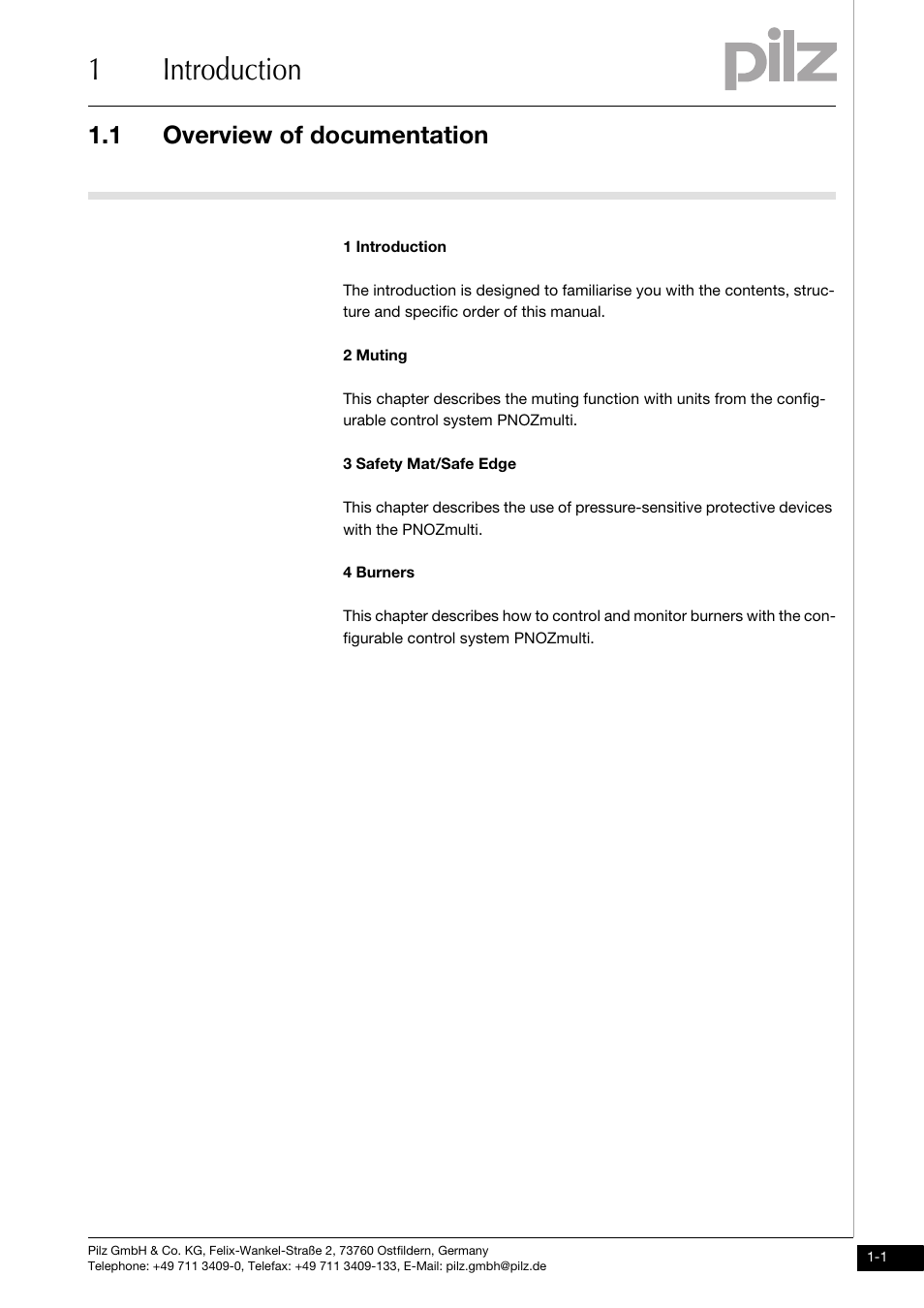 1 introduction, Overview of documentation, 1introduction | 1 overview of documentation | Pilz PNOZ m1p base unit User Manual | Page 7 / 72