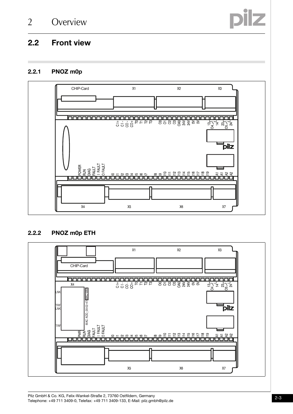 Front view, Pnoz m0p, Pnoz m0p eth | 2overview, 2 front view, 1 pnoz m0p, 2 pnoz m0p eth | Pilz PNOZ m0p base unit not expandable User Manual | Page 11 / 47