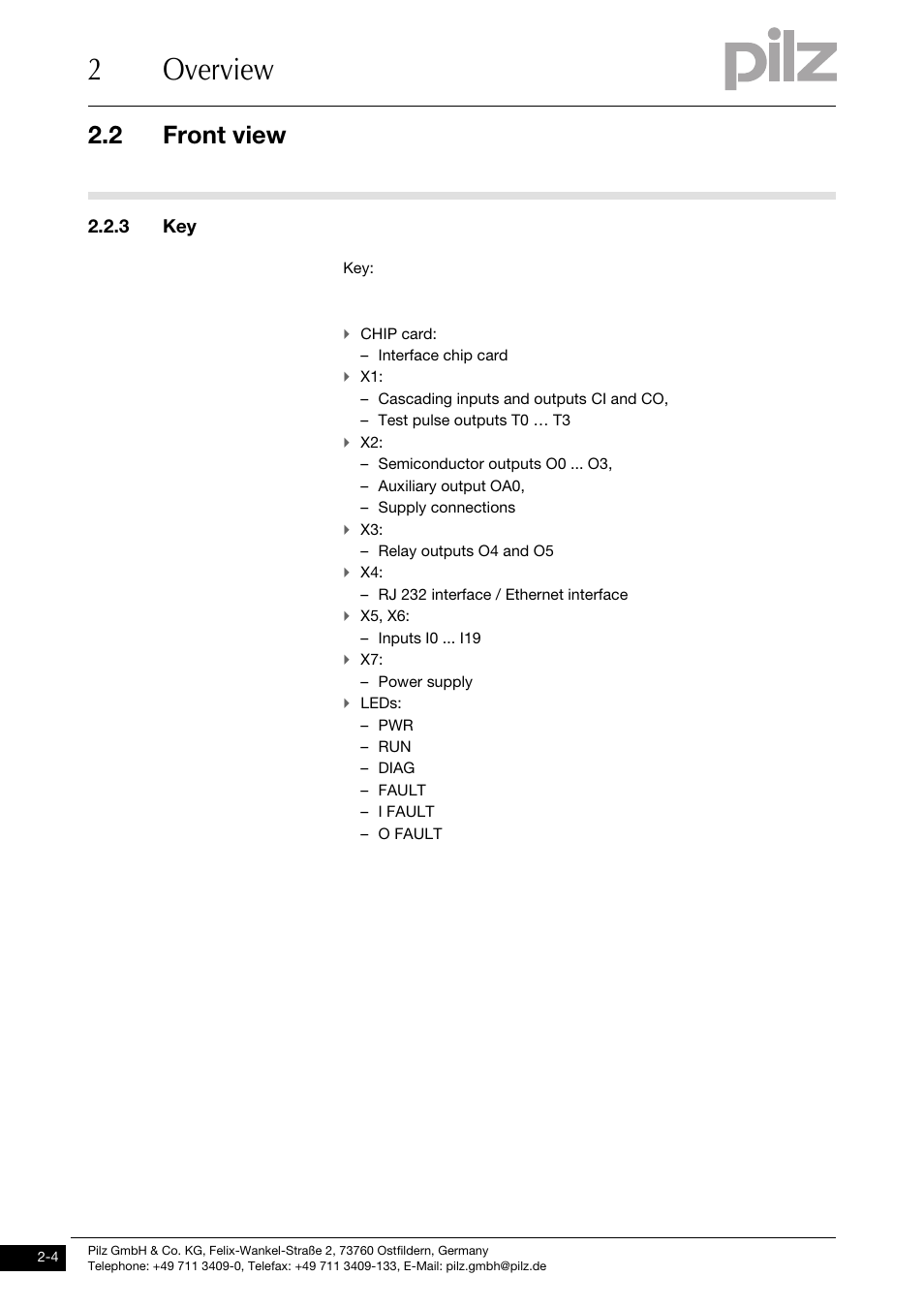 2overview, 2 front view, 3 key | Pilz PNOZ m0p base unit not expandable User Manual | Page 12 / 47