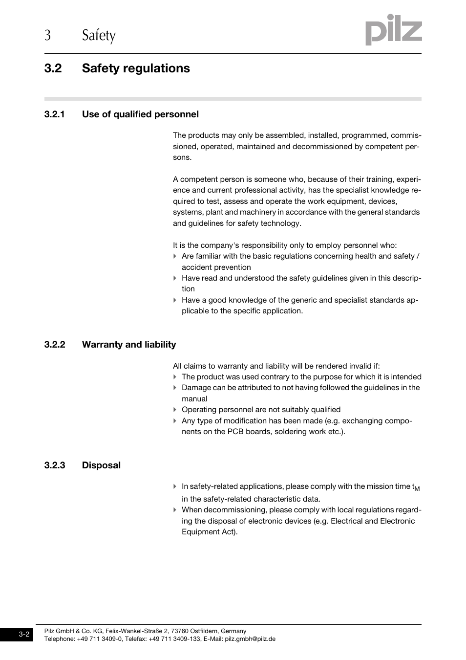 Safety regulations, Use of qualified personnel, Warranty and liability | Disposal, 3safety, 2 safety regulations, 1 use of qualified personnel, 2 warranty and liability, 3 disposal | Pilz PNOZ m0p base unit not expandable User Manual | Page 14 / 47