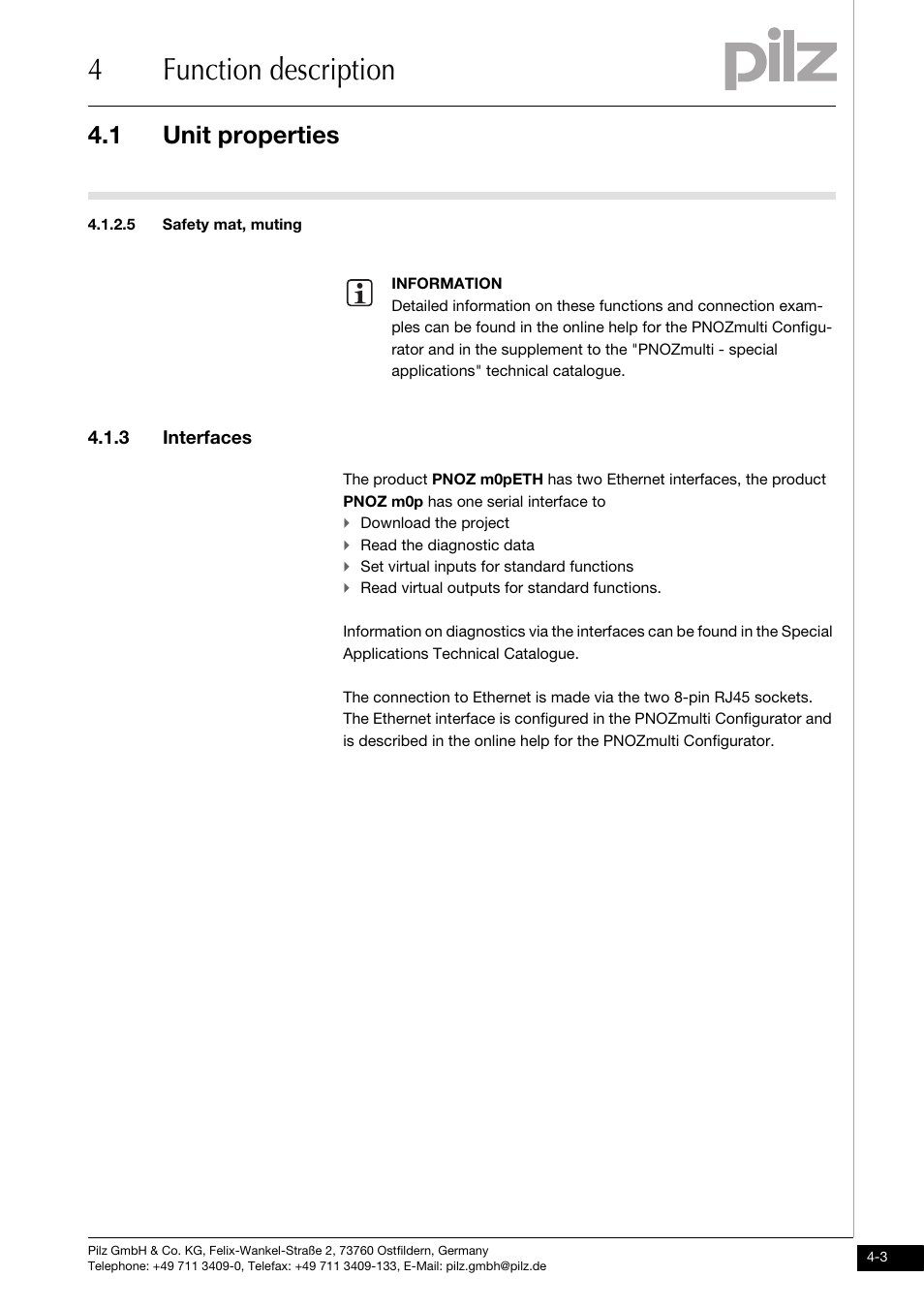 Safety mat, muting, Interfaces, 4function description | 1 unit properties, 3 interfaces | Pilz PNOZ m0p base unit not expandable User Manual | Page 19 / 47