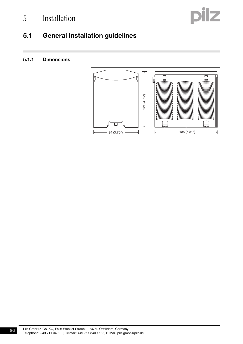 Dimensions, 5installation, 1 general installation guidelines | Pilz PNOZ m0p base unit not expandable User Manual | Page 22 / 47