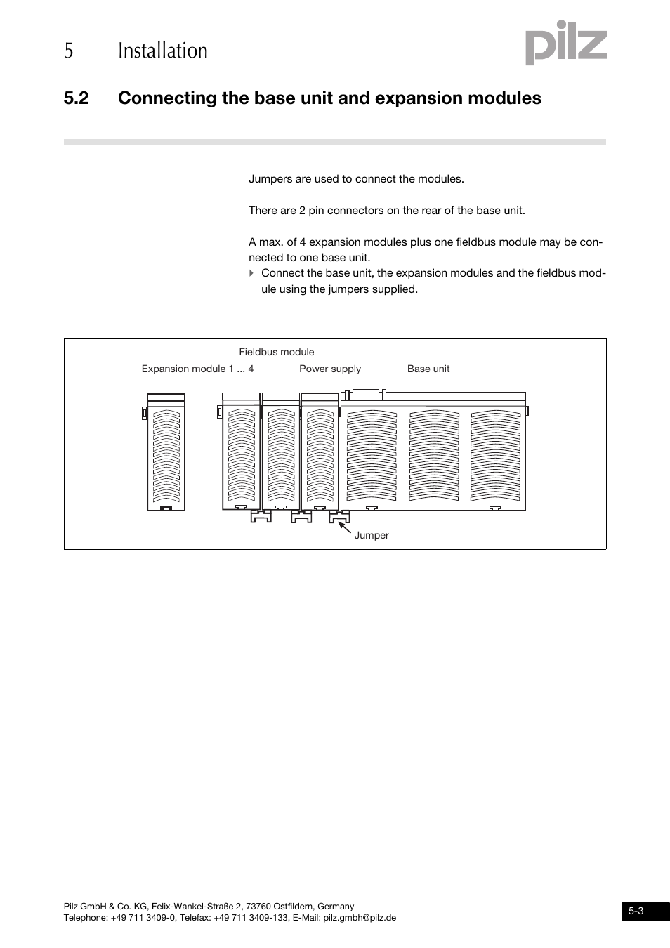 Connecting the base unit and expansion modules, 5installation, 2 connecting the base unit and expansion modules | Pilz PNOZ m0p base unit not expandable User Manual | Page 23 / 47