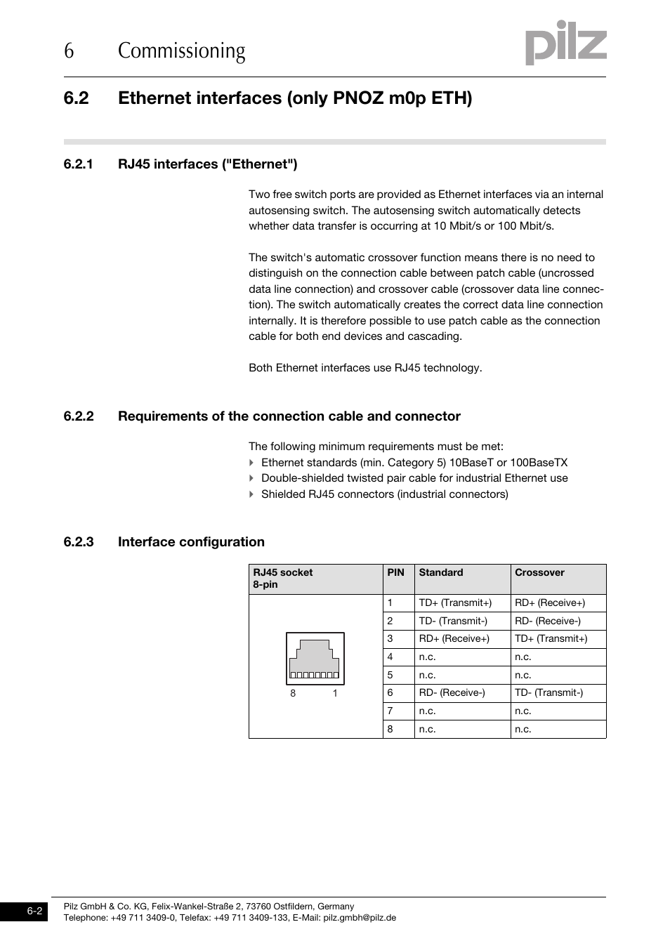 Ethernet interfaces (only pnoz m0p eth), Rj45 interfaces ("ethernet"), Requirements of the connection cable and connector | Interface configuration, 6commissioning, 2 ethernet interfaces (only pnoz m0p eth), 1 rj45 interfaces ("ethernet"), 3 interface configuration | Pilz PNOZ m0p base unit not expandable User Manual | Page 26 / 47