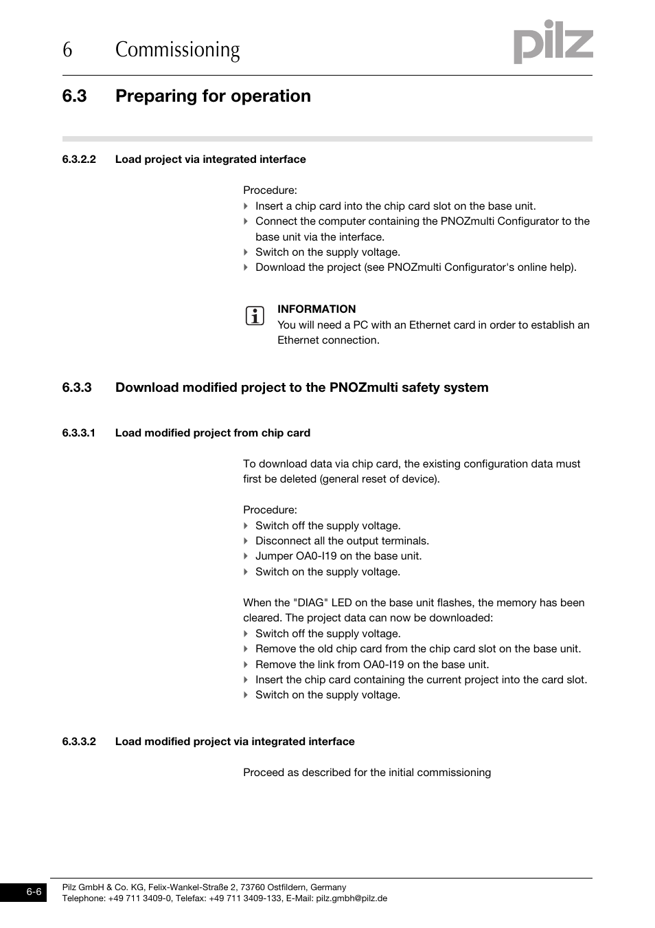 Load project via integrated interface, Load modified project from chip card, Load modified project via integrated interface | 6commissioning, 3 preparing for operation | Pilz PNOZ m0p base unit not expandable User Manual | Page 30 / 47