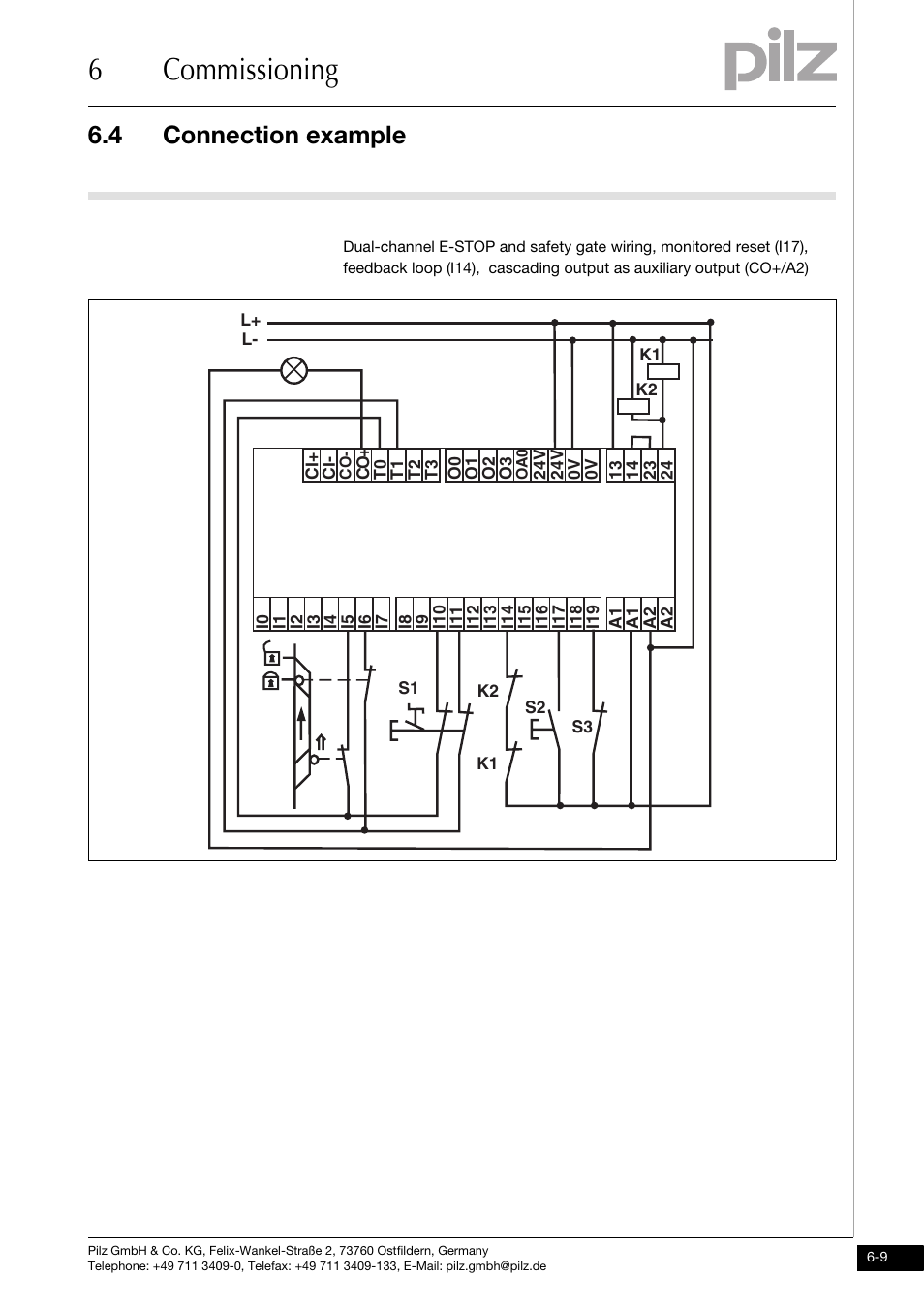 Connection example, 6commissioning, 4 connection example | Pilz PNOZ m0p base unit not expandable User Manual | Page 33 / 47
