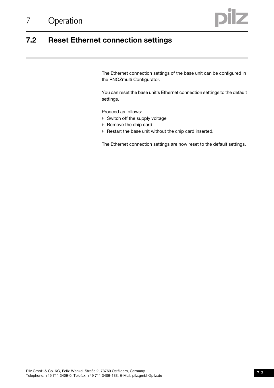 Reset ethernet connection settings, 7operation, 2 reset ethernet connection settings | Pilz PNOZ m0p base unit not expandable User Manual | Page 37 / 47