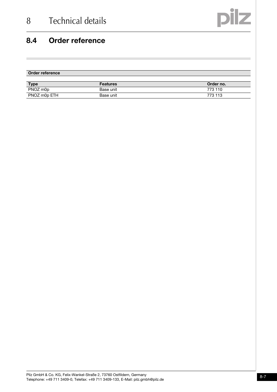 Order reference, 8technical details, 4 order reference | Pilz PNOZ m0p base unit not expandable User Manual | Page 45 / 47