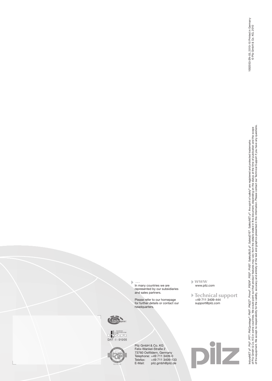 Contact address, Technical support | Pilz PNOZ m0p base unit not expandable User Manual | Page 47 / 47