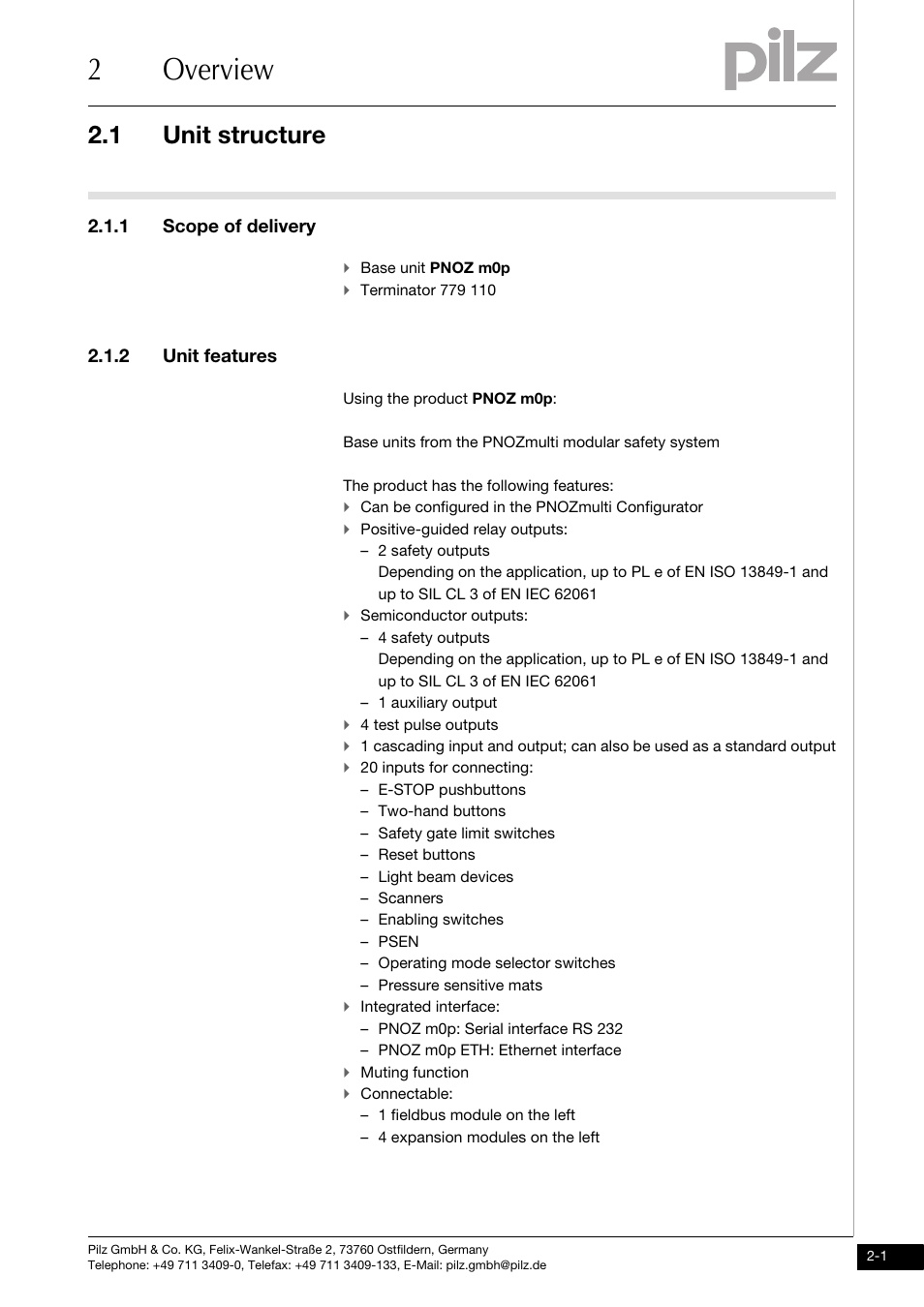 Overview, Unit structure, Scope of delivery | Unit features, 2overview, 1 unit structure, 1 scope of delivery, 2 unit features | Pilz PNOZ m0p base unit not expandable User Manual | Page 9 / 47