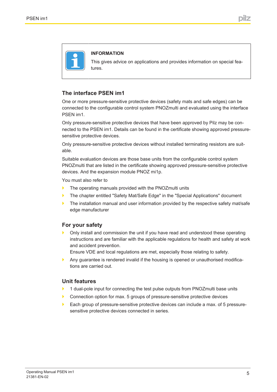 The interface psen im1, For your safety, Unit features | Pilz PSEN im1 User Manual | Page 5 / 10