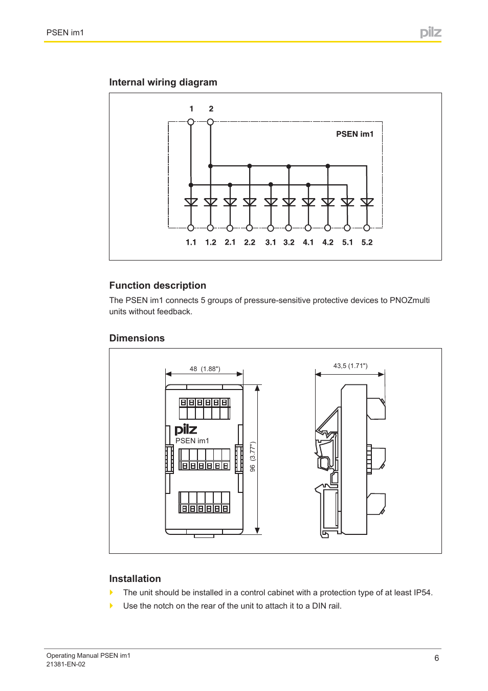 Internal wiring diagram, Function description, Dimensions | Installation | Pilz PSEN im1 User Manual | Page 6 / 10