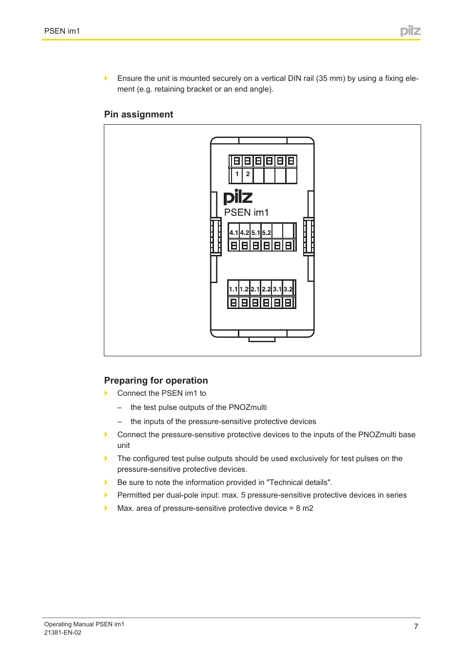 Pin assignment, Preparing for operation | Pilz PSEN im1 User Manual | Page 7 / 10