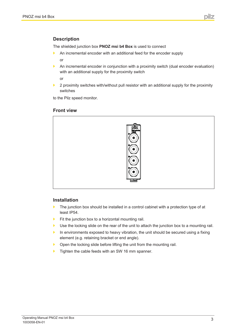 Description, Front view, Installation | Pilz PNOZ msi b4 Box User Manual | Page 3 / 12