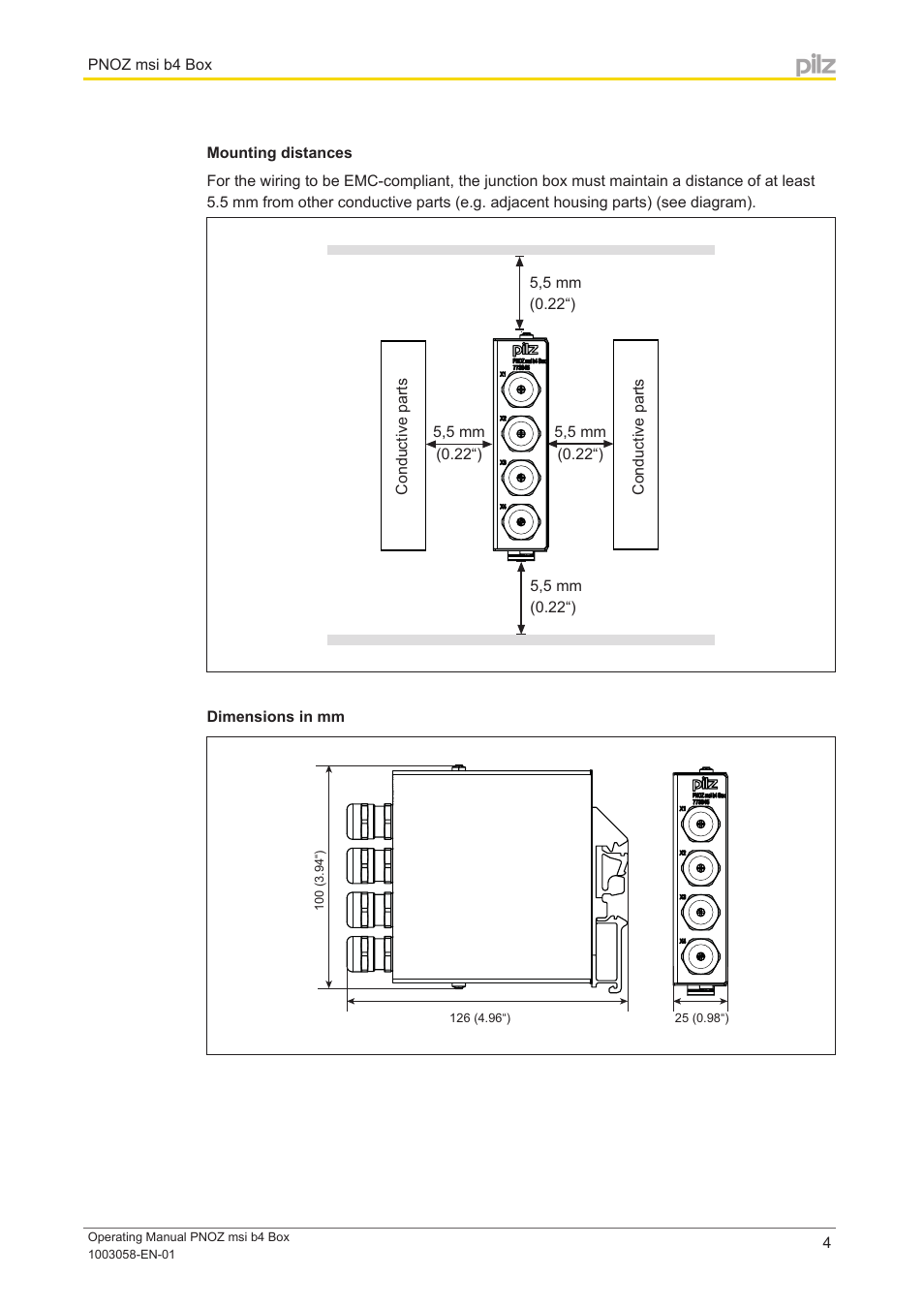 Mounting distances, Dimensions in mm | Pilz PNOZ msi b4 Box User Manual | Page 4 / 12