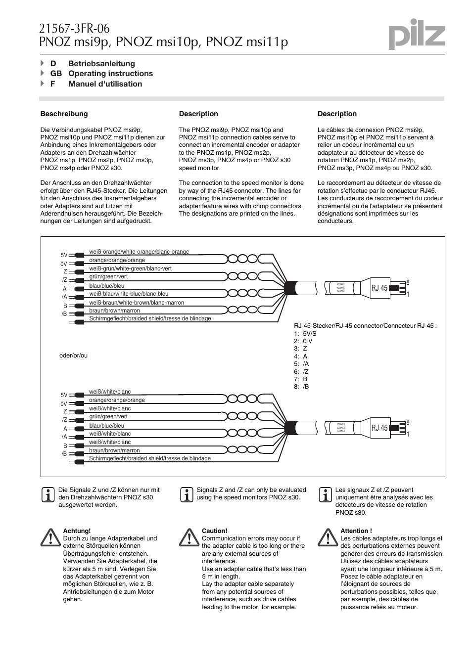 Pilz PNOZ msi10p Adapter Cable 2,5m User Manual | 2 pages