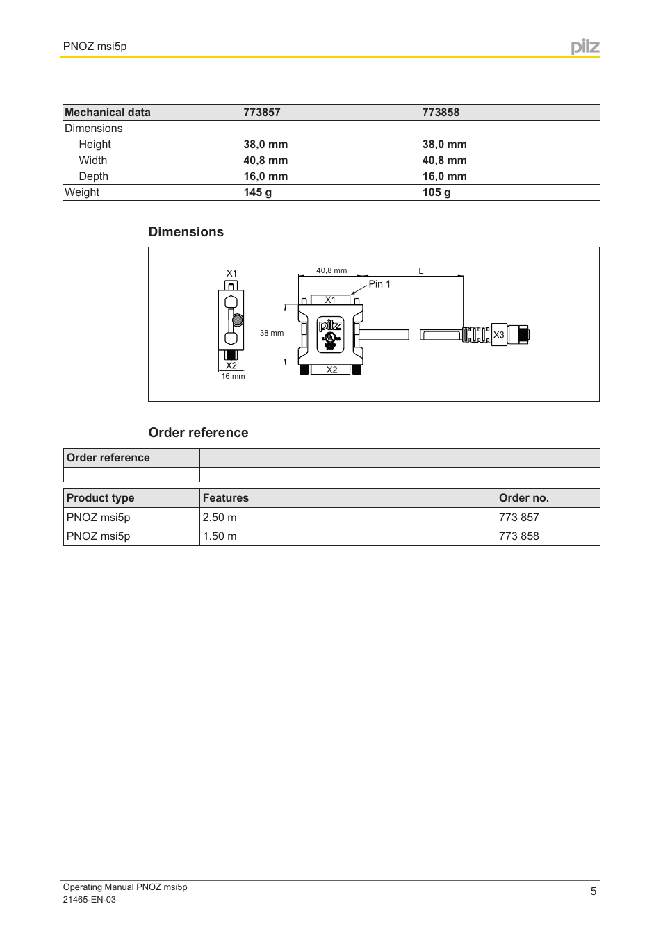 Dimensions, Order reference | Pilz PNOZ msi5p Adapter Bo/Rex 15/15 2,5m User Manual | Page 5 / 6