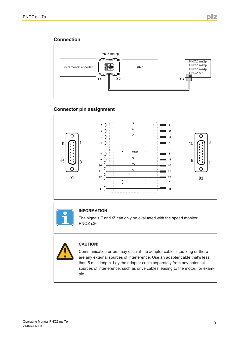 Connection, Connector pin assignment | Pilz PNOZ msi7p Adapter SEW 15/15 2,5m User Manual | Page 3 / 6