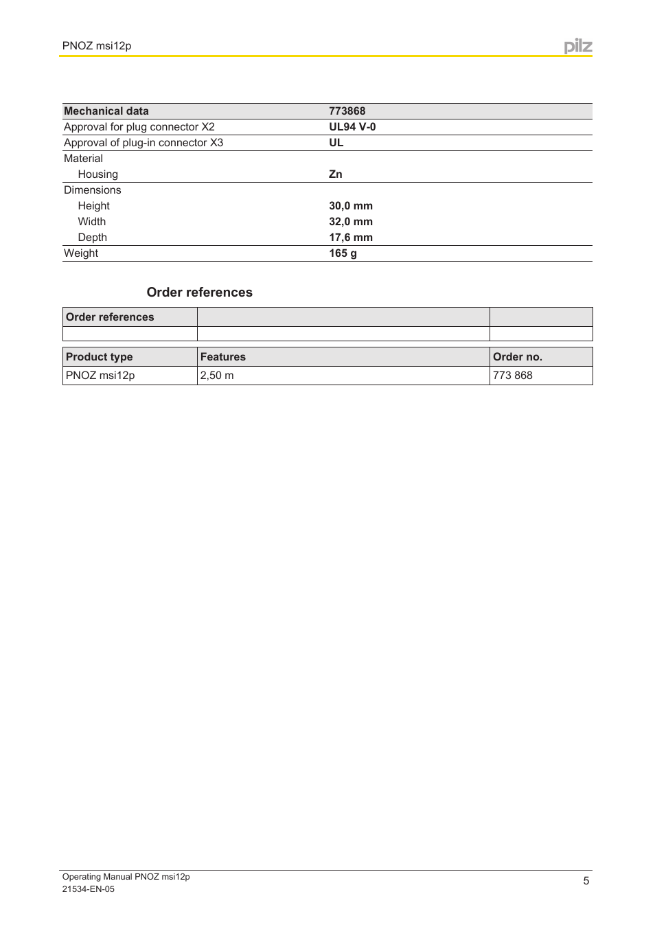 Order references | Pilz PNOZ msi12p Rockwell 15/15 2,5m User Manual | Page 5 / 6