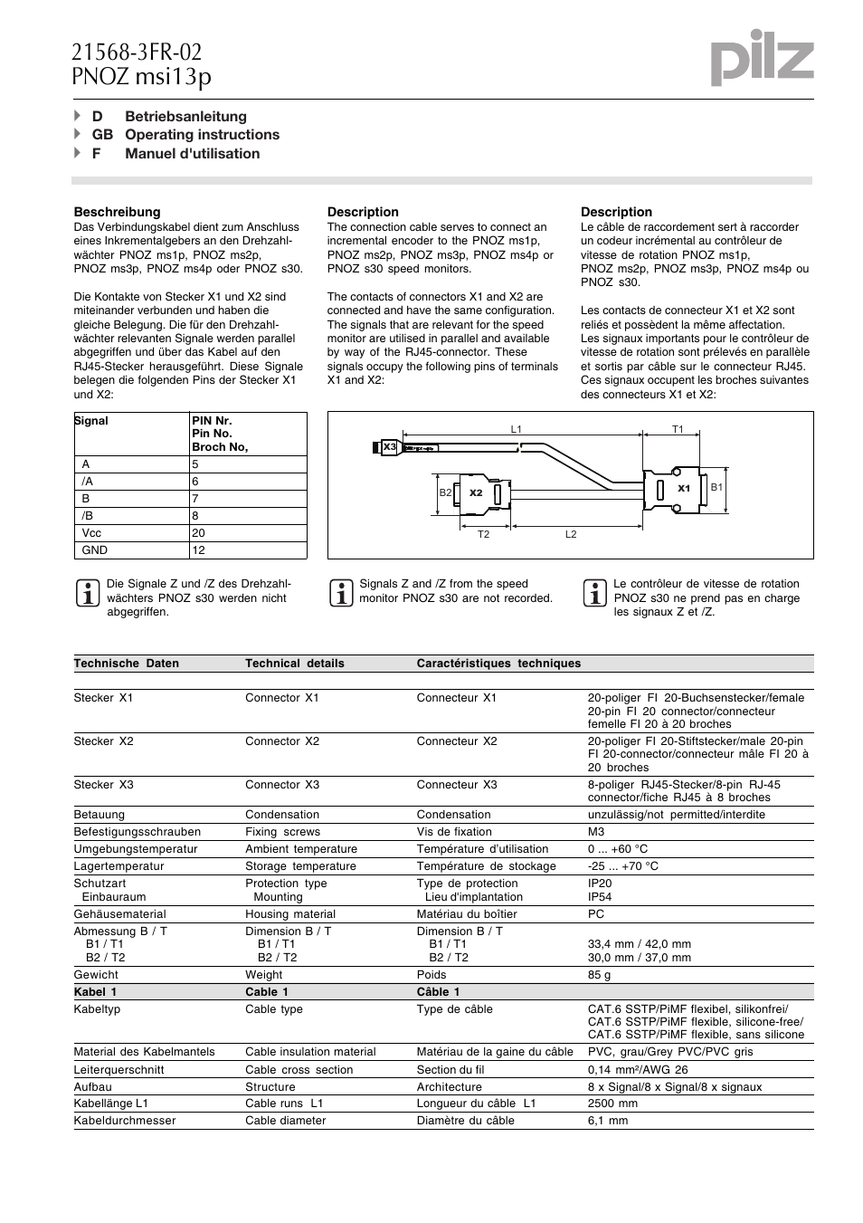Pilz PNOZ msi13p Fanuc 20/20 2,5m User Manual | 2 pages