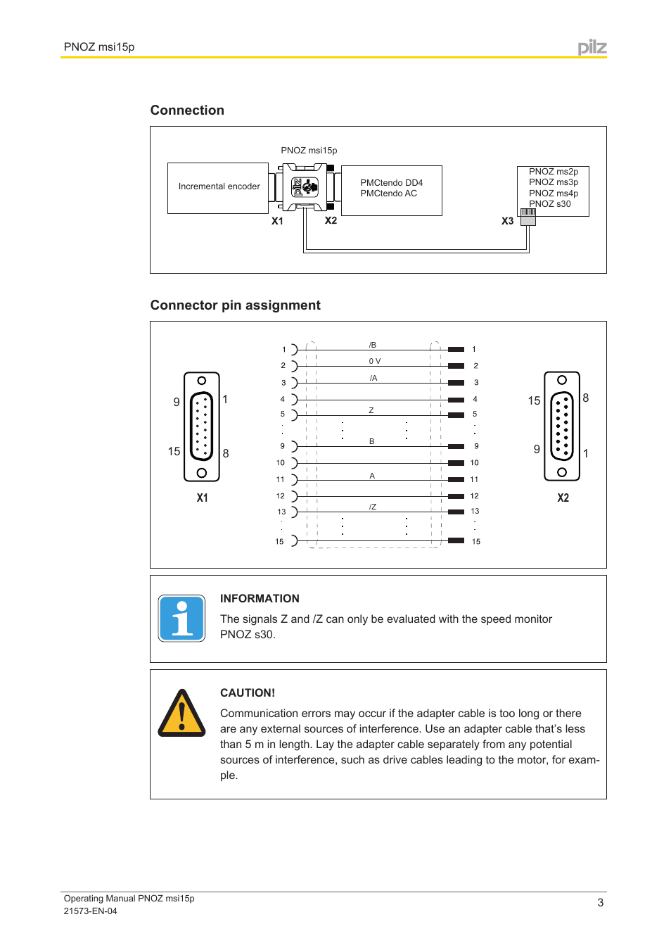 Connection, Connector pin assignment | Pilz PNOZ msi15p Adapter Tendo 15/15 2,5m User Manual | Page 3 / 6