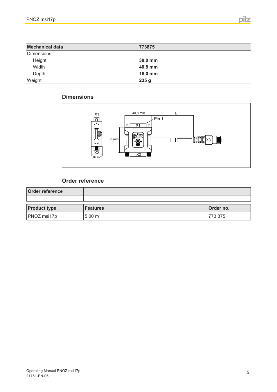 Dimensions, Order reference | Pilz PNOZ msi 17p Bos/Rex 15/15 4,0m User Manual | Page 5 / 6