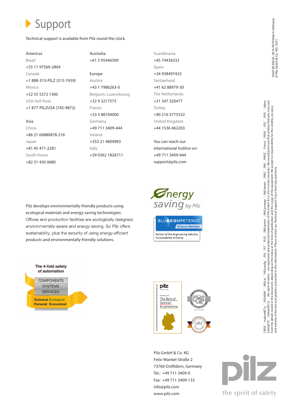 Contact address, Support, Front cover | Pilz MM A MINI-IO-CAB01 2.5M User Manual | Page 7 / 7