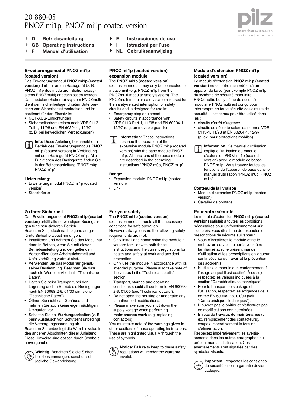 Pilz PNOZ mi1p 8 input User Manual | 16 pages