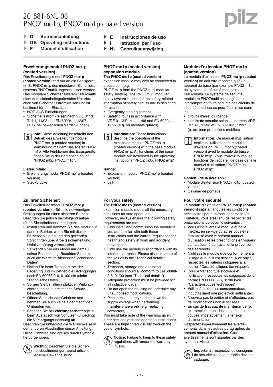 Pilz PNOZ mo1p 4 so User Manual | 16 pages