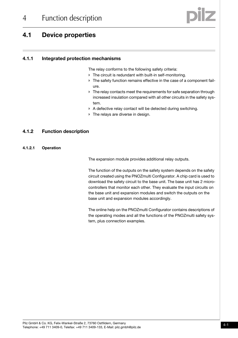 Function description, Device properties, Integrated protection mechanisms | Operation, 4function description, 1 device properties, 1 integrated protection mechanisms, 2 function description | Pilz PNOZ mo5p 4 n/o burner User Manual | Page 15 / 33