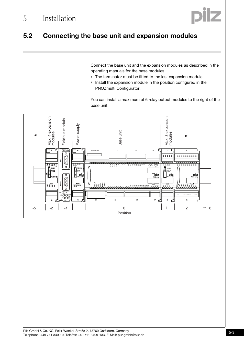 Connecting the base unit and expansion modules, 5installation, 2 connecting the base unit and expansion modules | Pilz PNOZ mo5p 4 n/o burner User Manual | Page 19 / 33