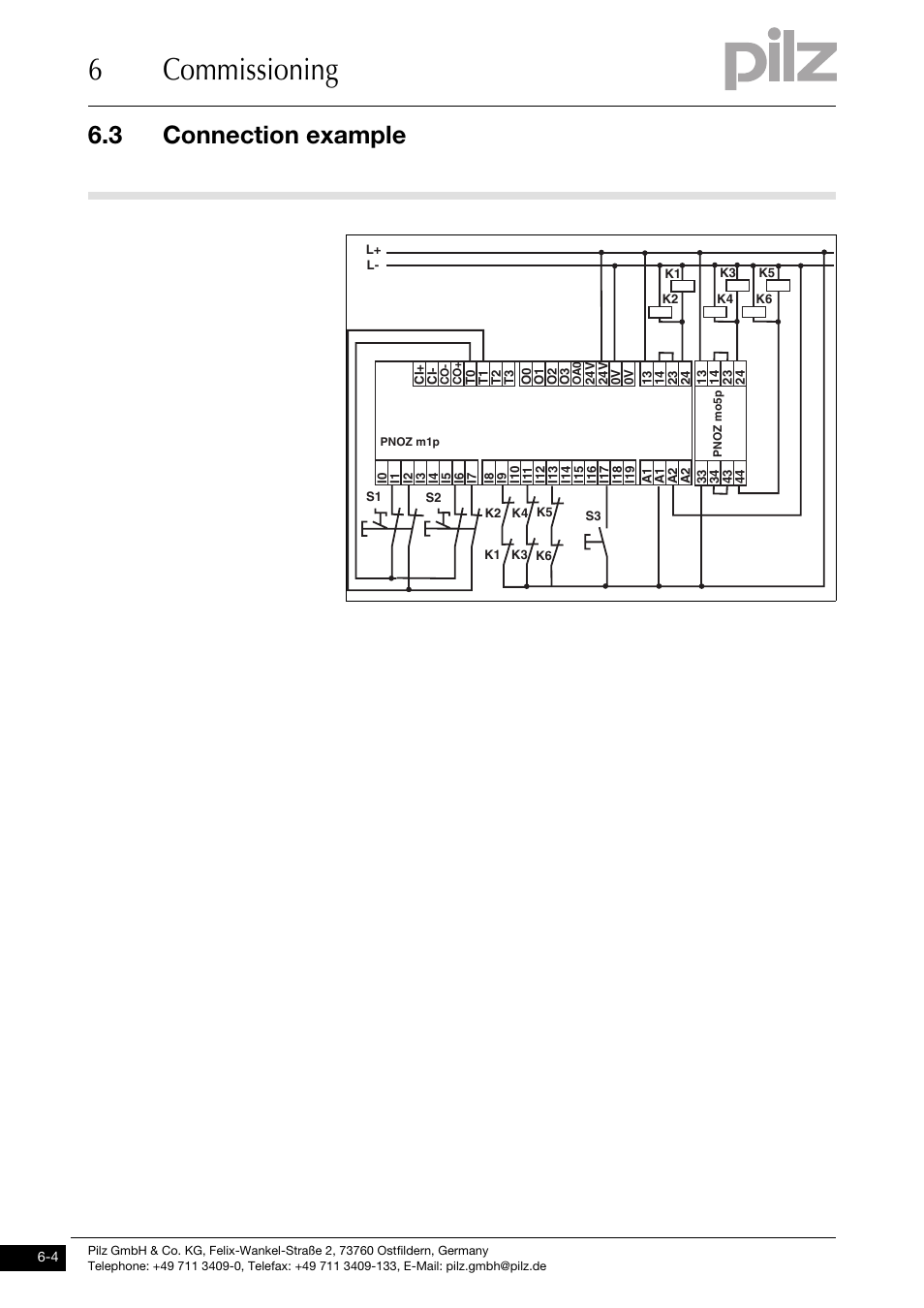 Connection example, 6commissioning, 3 connection example | Pilz PNOZ mo5p 4 n/o burner User Manual | Page 24 / 33