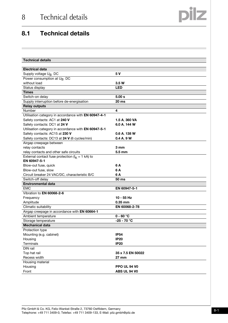 Technical details, 8technical details, 1 technical details | Pilz PNOZ mo5p 4 n/o burner User Manual | Page 27 / 33