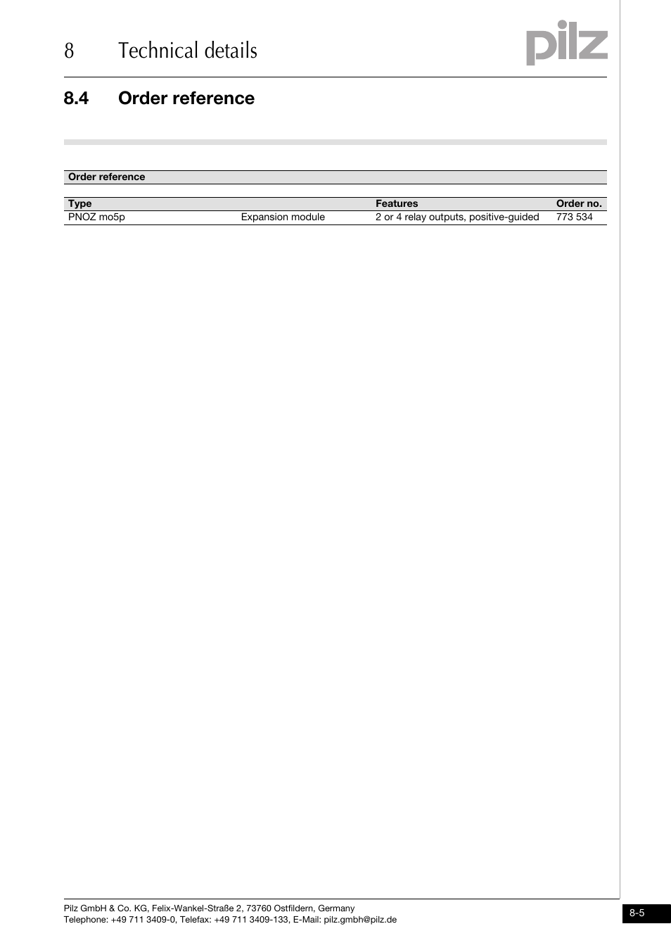 Order reference, 8technical details, 4 order reference | Pilz PNOZ mo5p 4 n/o burner User Manual | Page 31 / 33