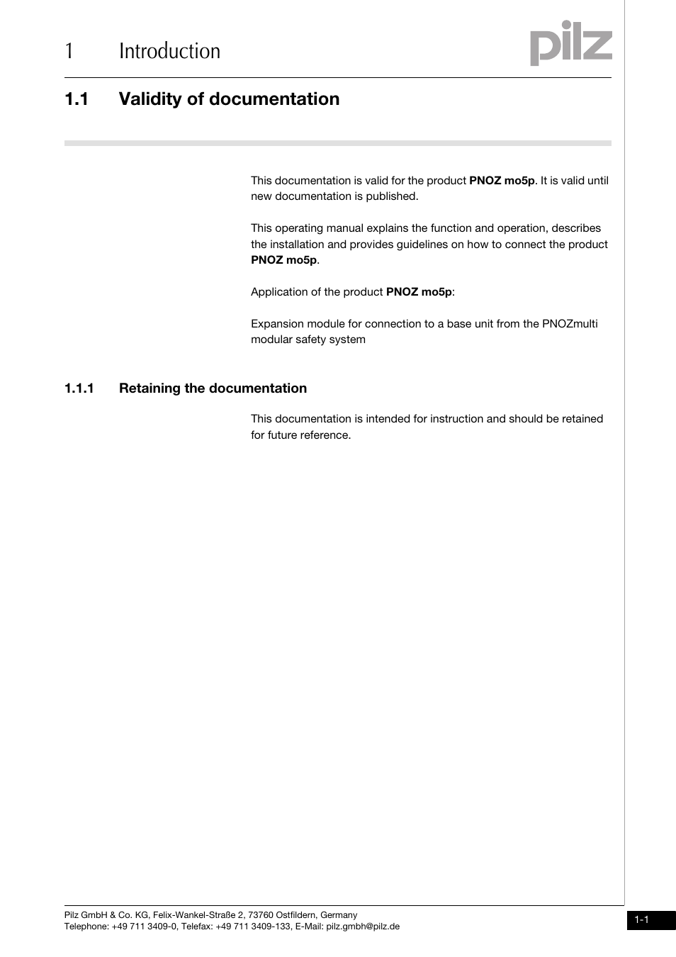 Introduction, Validity of documentation, Retaining the documentation | 1introduction, 1 validity of documentation, 1 retaining the documentation | Pilz PNOZ mo5p 4 n/o burner User Manual | Page 5 / 33