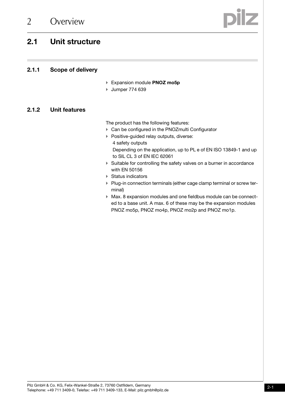 Overview, Unit structure, Scope of delivery | Unit features, 2overview, 1 unit structure, 1 scope of delivery, 2 unit features | Pilz PNOZ mo5p 4 n/o burner User Manual | Page 9 / 33