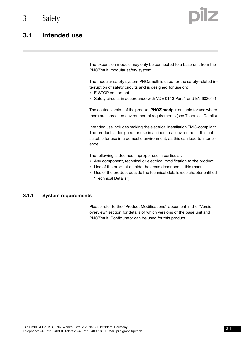 Safety, Intended use, System requirements | 3safety, 1 intended use, 1 system requirements | Pilz PNOZ mo4p 4n/o User Manual | Page 11 / 31