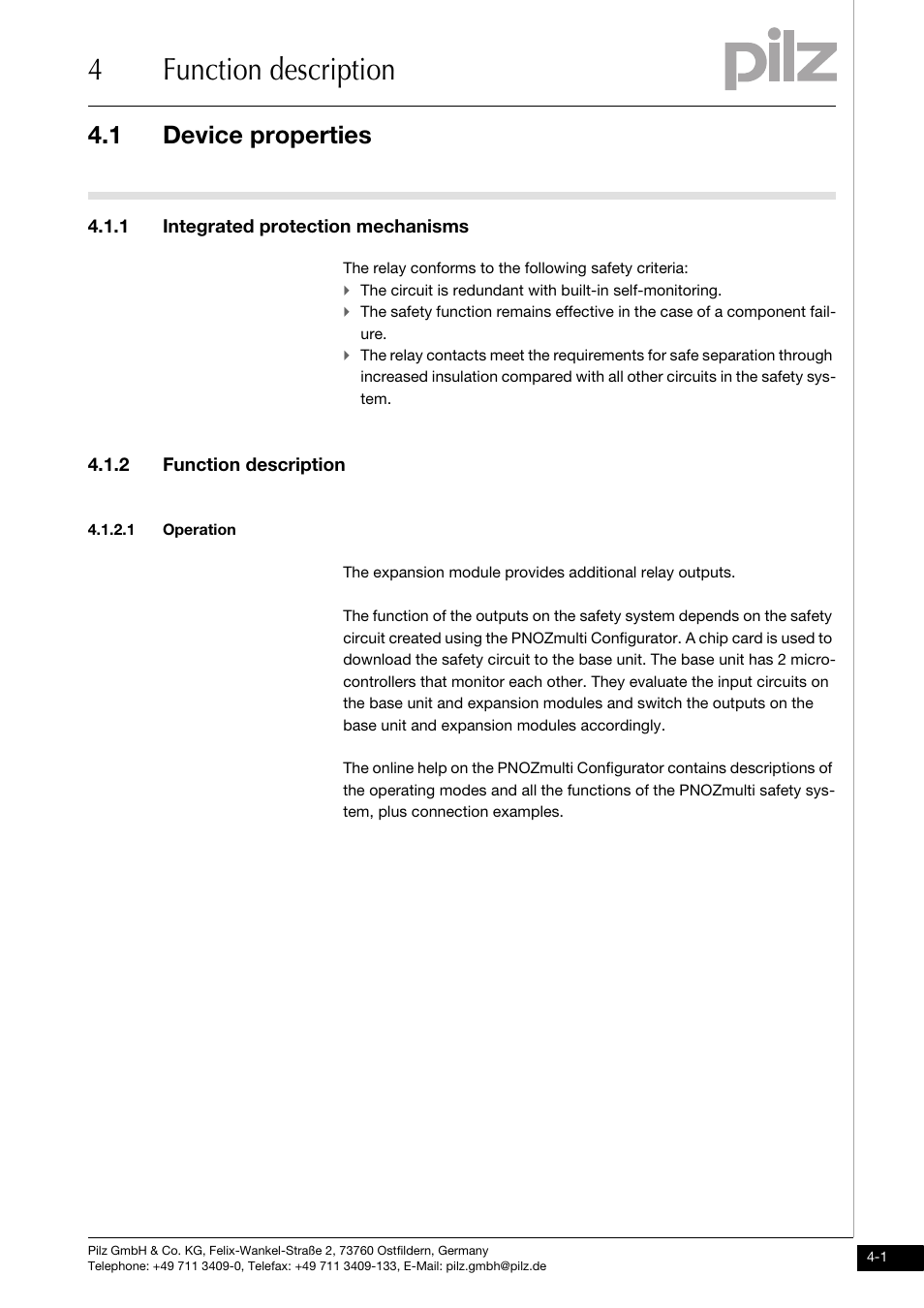 Function description, Device properties, Integrated protection mechanisms | Operation, 4function description, 1 device properties, 1 integrated protection mechanisms, 2 function description | Pilz PNOZ mo4p 4n/o User Manual | Page 15 / 31