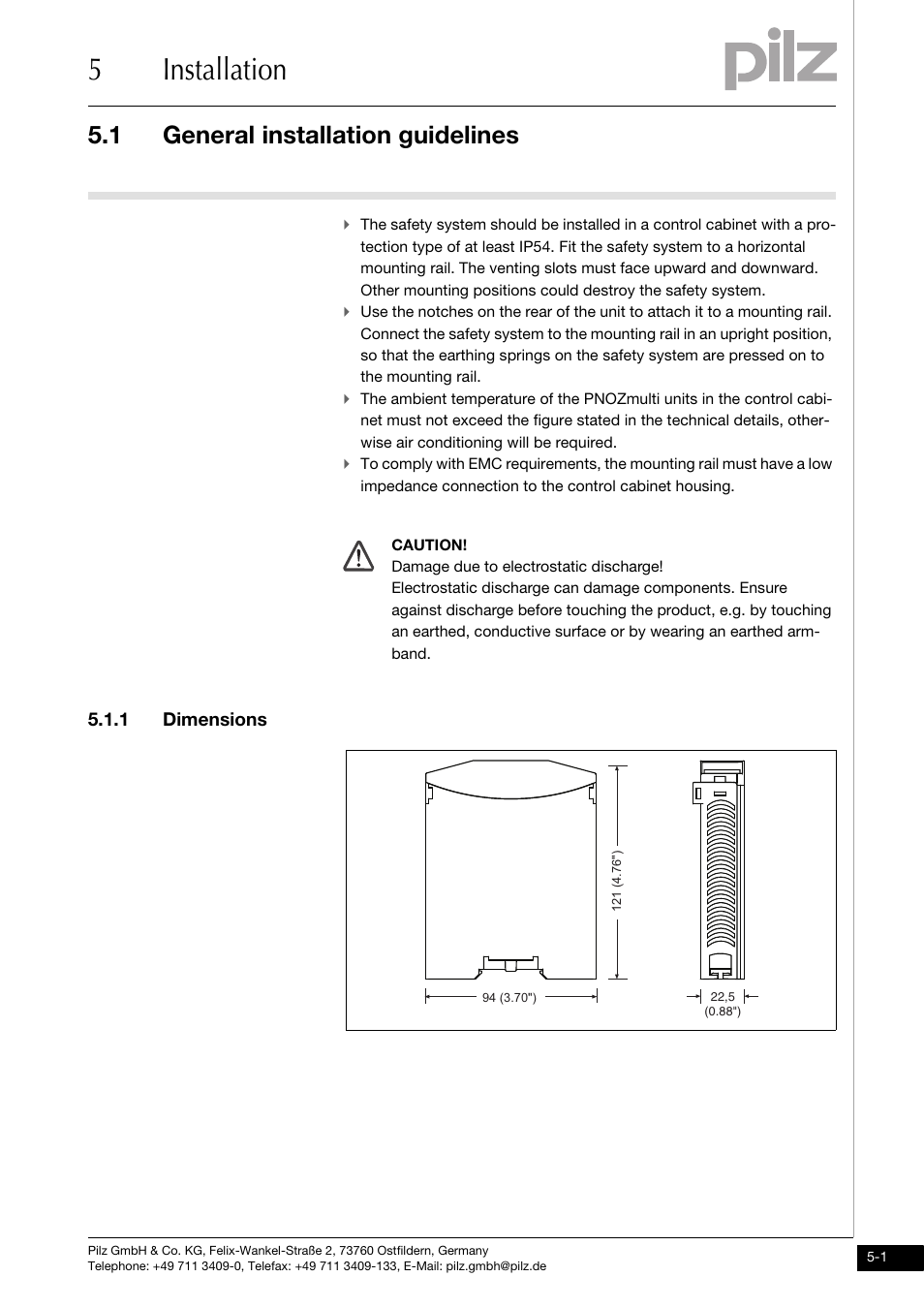 Installation, General installation guidelines, Dimensions | 5installation, 1 general installation guidelines, 1 dimensions | Pilz PNOZ mo4p 4n/o User Manual | Page 17 / 31
