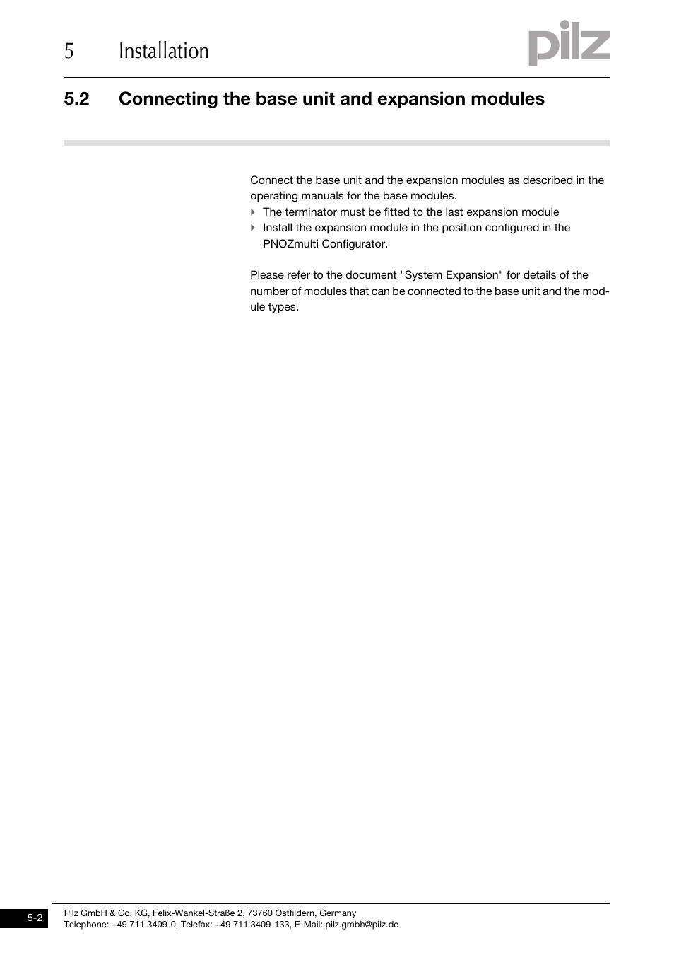 Connecting the base unit and expansion modules, 5installation, 2 connecting the base unit and expansion modules | Pilz PNOZ mo4p 4n/o User Manual | Page 18 / 31