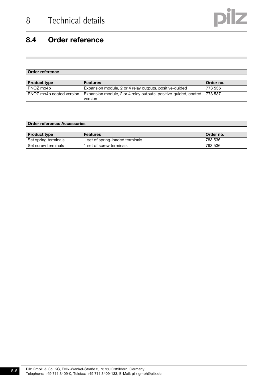 Order reference, 8technical details, 4 order reference | Pilz PNOZ mo4p 4n/o User Manual | Page 30 / 31