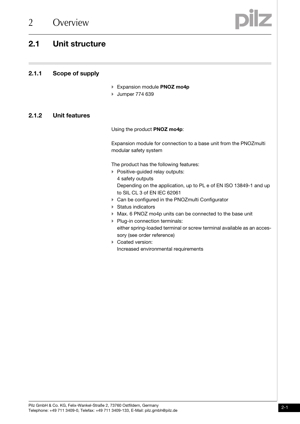 Overview, Unit structure, Scope of supply | Unit features, 2overview, 1 unit structure, 1 scope of supply, 2 unit features | Pilz PNOZ mo4p 4n/o User Manual | Page 9 / 31